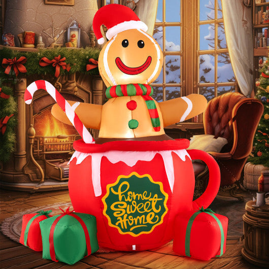 7 Feet Inflatable Gingerbread Man in Hot Cocoa Mug with Built-in LED Lights and Gift Boxes W2B
