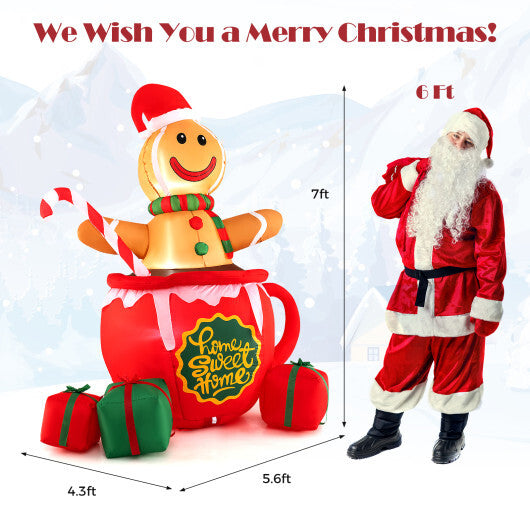 7 Feet Inflatable Gingerbread Man in Hot Cocoa Mug with Built-in LED Lights and Gift Boxes W2B