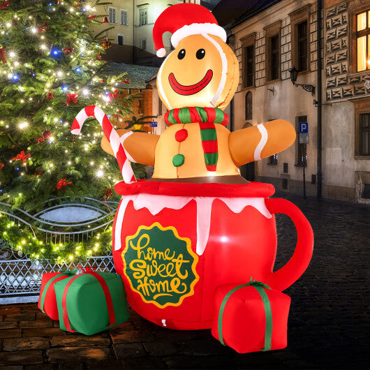 7 Feet Inflatable Gingerbread Man in Hot Cocoa Mug with Built-in LED Lights and Gift Boxes W2B
