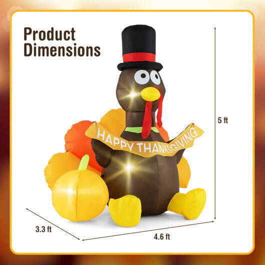 5 FT Inflatable Turkey with Pumpkin and LED Lights for Indoor Party W2B