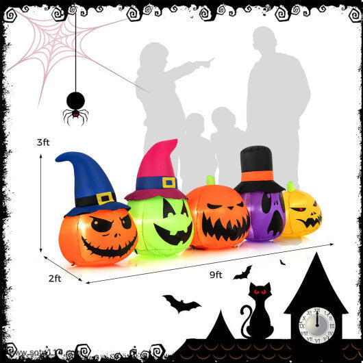 9 Feet Inflatable Pumpkin Patch Family with Built-in LED Lights and Witch Hats W2B