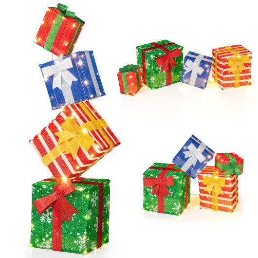 48 Inches Lighted Stacked Gift Boxes with Built-in LED Lights and Decorative Bows W2B