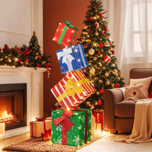 48 Inches Lighted Stacked Gift Boxes with Built-in LED Lights and Decorative Bows W2B