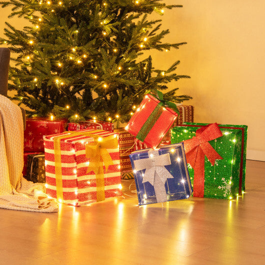 48 Inches Lighted Stacked Gift Boxes with Built-in LED Lights and Decorative Bows W2B