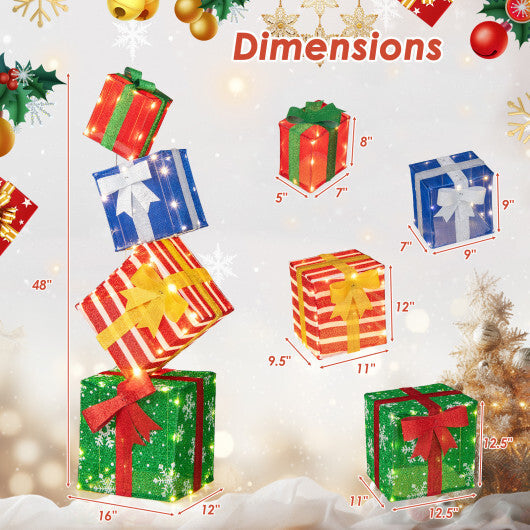 48 Inches Lighted Stacked Gift Boxes with Built-in LED Lights and Decorative Bows W2B