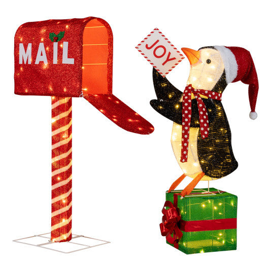 Lighted Christmas Decoration Mailbox and Penguin 3D Pre-Lit Xmas Holiday Decoration W2B