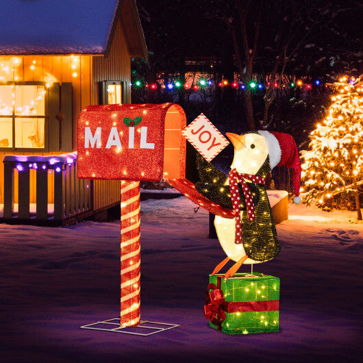 Lighted Christmas Decoration Mailbox and Penguin 3D Pre-Lit Xmas Holiday Decoration W2B