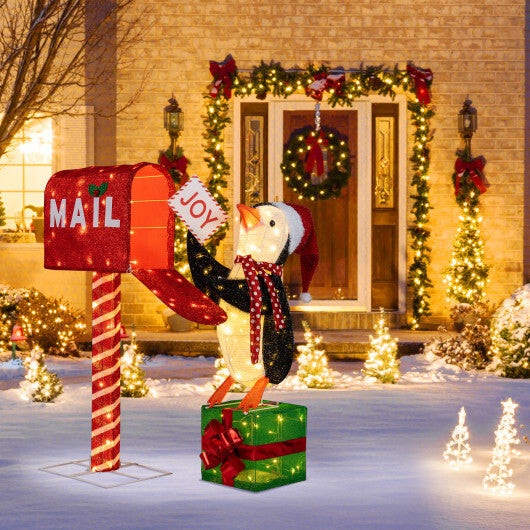 Lighted Christmas Decoration Mailbox and Penguin 3D Pre-Lit Xmas Holiday Decoration W2B