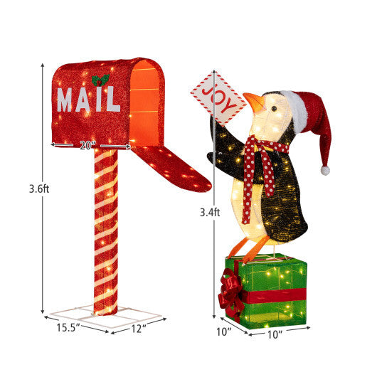 Lighted Christmas Decoration Mailbox and Penguin 3D Pre-Lit Xmas Holiday Decoration W2B