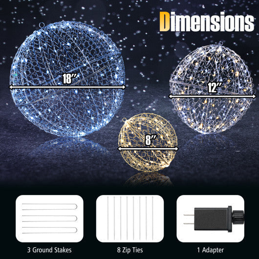 3 Pcs Lighted Christmas Balls Large Standing/Hanging Metal Sphere Lights with 435 LEDs W2B