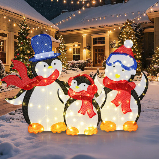 3-Piece 2D Lighted Penguin Family Christmas Decoration with 160 LED Lights W2B
