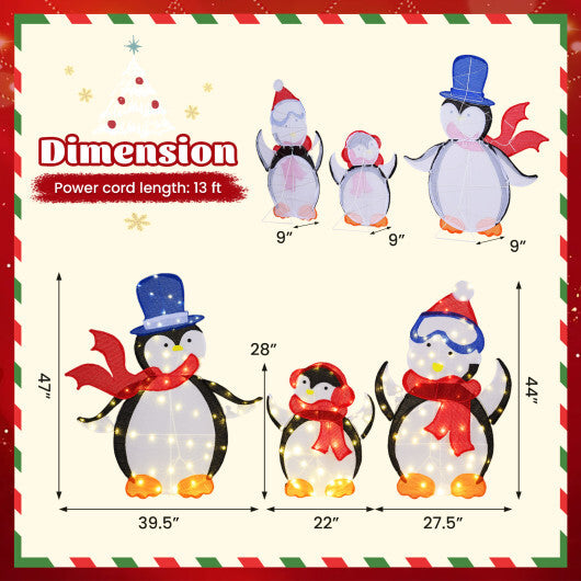 3-Piece 2D Lighted Penguin Family Christmas Decoration with 160 LED Lights W2B