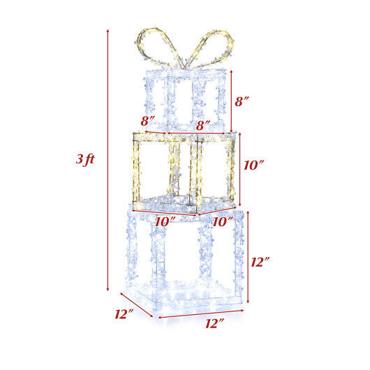 Stacked Lighted Gift Boxes Set of 3 Pre-Lit Christmas Present Box Lights W2B
