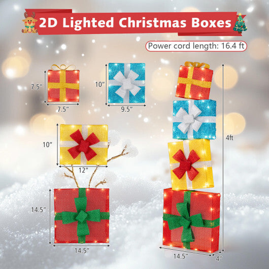 Lighted Gift Boxes Christmas Decoration 2D Set of 4 Pre-Lit Stacked Xmas Gift Boxes W2B