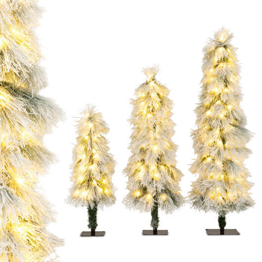 Artificial Christmas Tree Set of 3 with Snow-flocked Branch Tips and LED Lights
