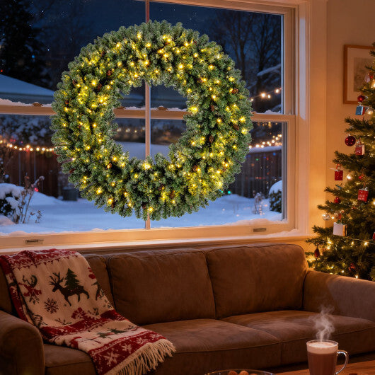 60 Inch Pre-Lit Artificial Christmas Wreath 200 LED Warm White Lights-Set of 2 W2B