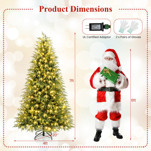 7 Feet Pre-Lit Artificial Christmas Tree Hinged Faux Xmas Tree with Soft Branch Tips