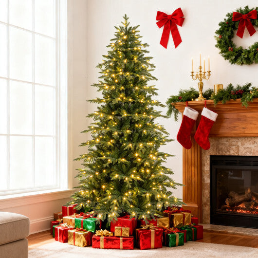 7.5 Feet Pre-Lit Artificial Christmas Tree Hinged Xmas Tree with LED Lights W2B
