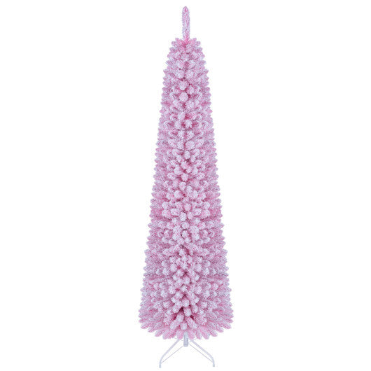 Flocked Pencil Christmas Tree with 8 Modes Pre-Lit Artificial Fir Xmas Tree-7 FT W2B
