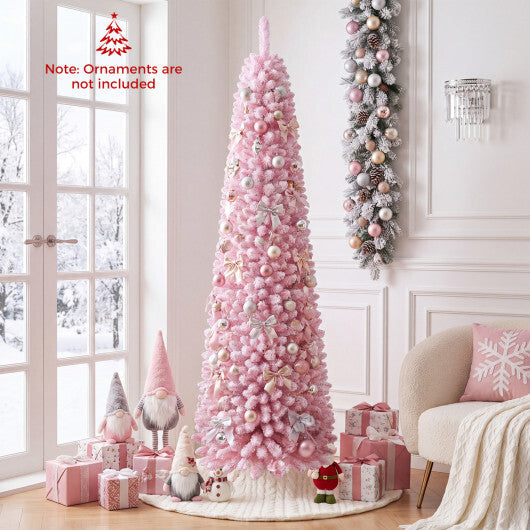 Flocked Pencil Christmas Tree with 8 Modes Pre-Lit Artificial Fir Xmas Tree-7 FT W2B