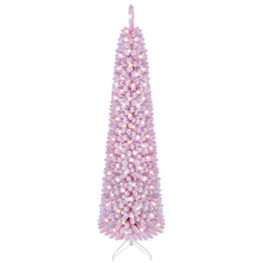Flocked Pencil Christmas Tree with 8 Modes Pre-Lit Artificial Fir Xmas Tree-7 FT W2B