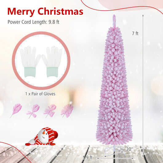 Flocked Pencil Christmas Tree with 8 Modes Pre-Lit Artificial Fir Xmas Tree-7 FT W2B