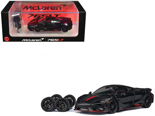 McLaren 765LT Matt Black with Red Accents and Extra Wheels 1/64 Diecast Model Car by CM Model