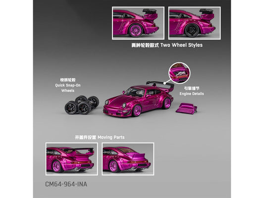 Porsche 964 Widebody Hot Pink Metallic with Extra Wheels and Wing 1/64 Diecast Model Car by CM Model CM Models