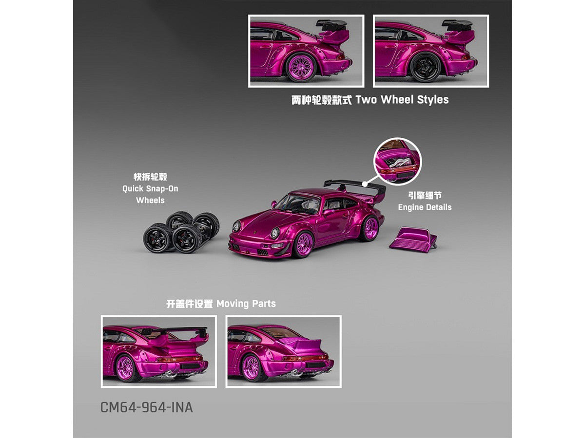 Porsche 964 Widebody Hot Pink Metallic with Extra Wheels and Wing 1/64 Diecast Model Car by CM Model CM Models