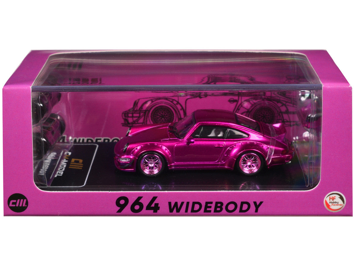 Porsche 964 Widebody Hot Pink Metallic with Extra Wheels and Wing 1/64 Diecast Model Car by CM Model CM Models