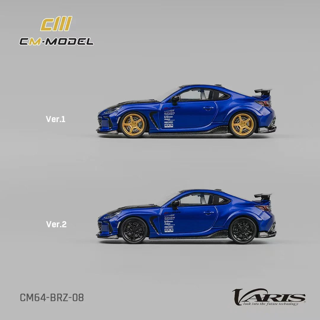 Subaru BRZ Varis Arising-1 RHD (Right Hand Drive) Blue Metallic with Carbon Hood and Top and Extra Wheels 1/64 Diecast Model Car by CM Models CM Models