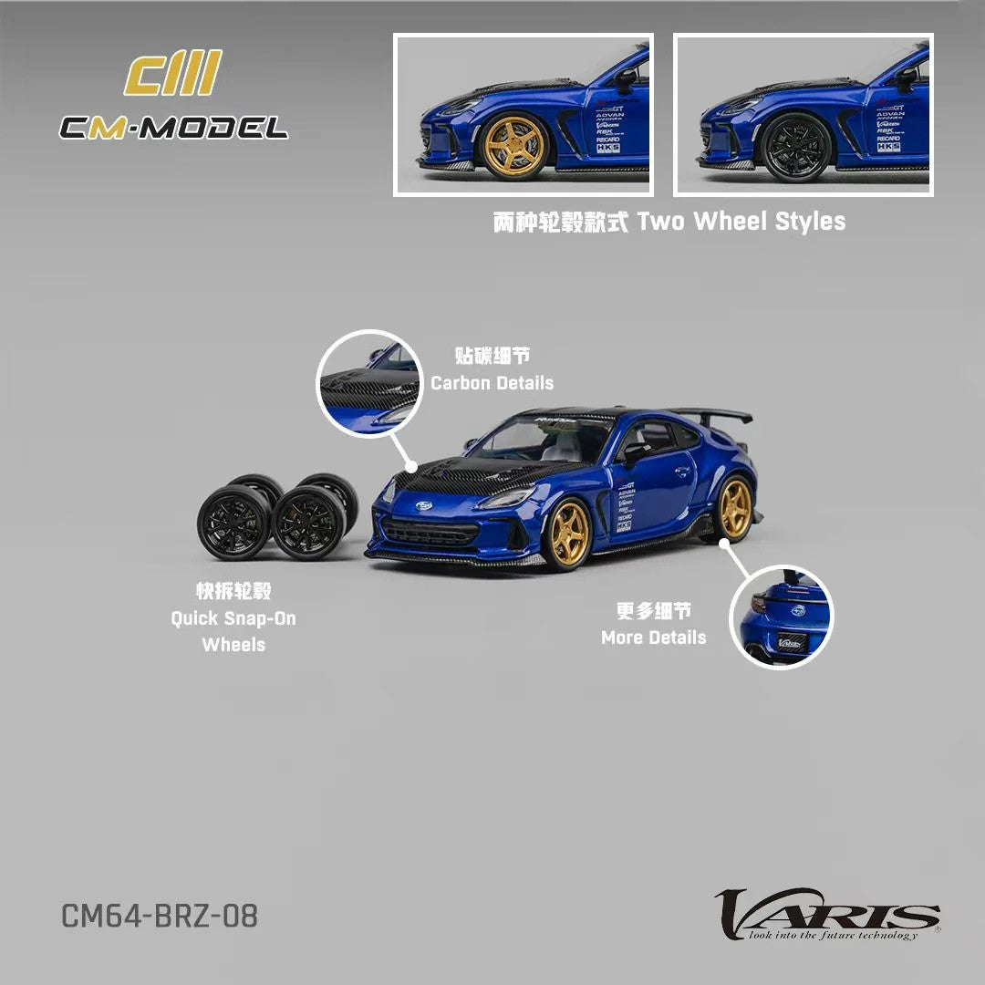 Subaru BRZ Varis Arising-1 RHD (Right Hand Drive) Blue Metallic with Carbon Hood and Top and Extra Wheels 1/64 Diecast Model Car by CM Models CM Models
