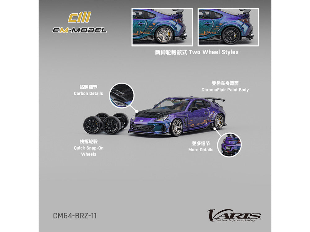 Subaru BRZ Varis Arising-1 RHD (Right Hand Drive) Magic Purple Metallic with Carbon Hood and Extra Wheels  1/64 Diecast Model Car by CM Models CM Models