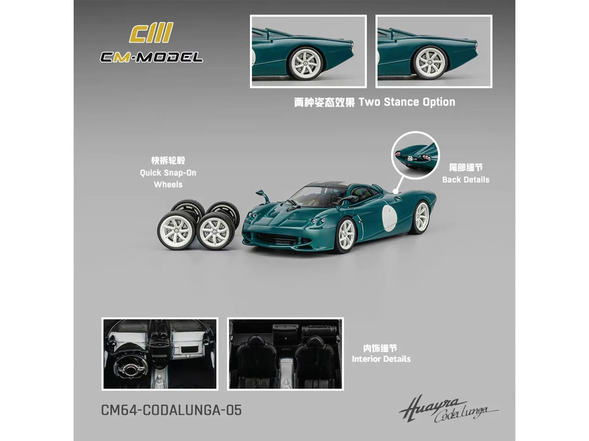 Pagani Huayra Codalunga Green with Sunroof and Extra Wheels 1/64 Diecast Model Car by CM Model CM Models
