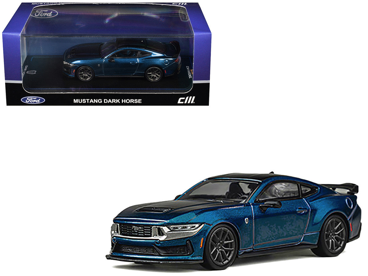 Ford Mustang Dark Horse Blue Metallic with Matt Black Hood and Black Top 1/64 Diecast Model Car by CM Models CM Models