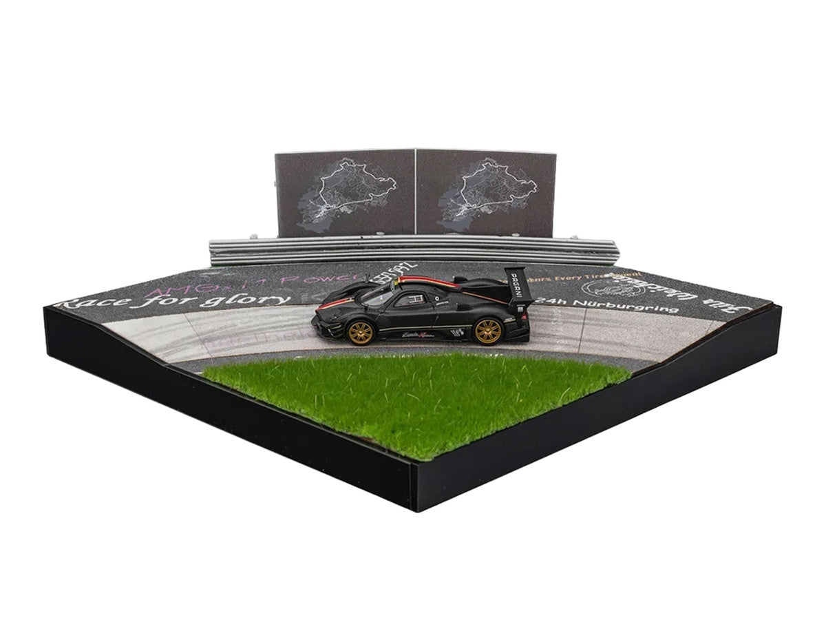 Nurburgring Diorama Set with Pagani Zonda Revolucion Carbon with Red and Gold Stripes and Extra Wheels 1/64 Diecast Model Car by CM Model CM Models
