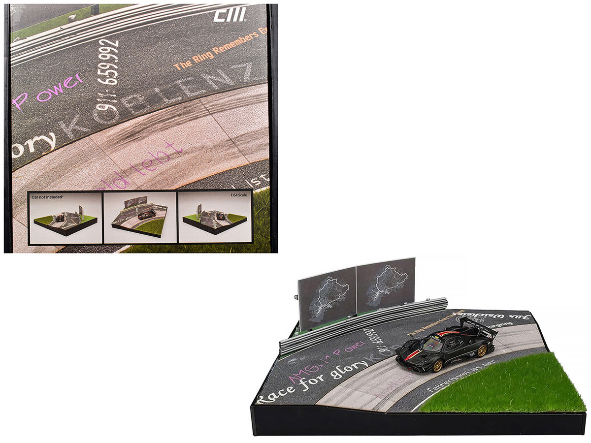 Nurburgring Diorama Set with Pagani Zonda Revolucion Carbon with Red and Gold Stripes and Extra Wheels 1/64 Diecast Model Car by CM Model CM Models