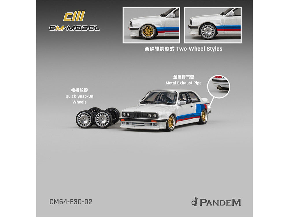 Pandem E30 V1 White with Stripes and Extra Wheels 1/64 Diecast Model Car by CM Models CM Models