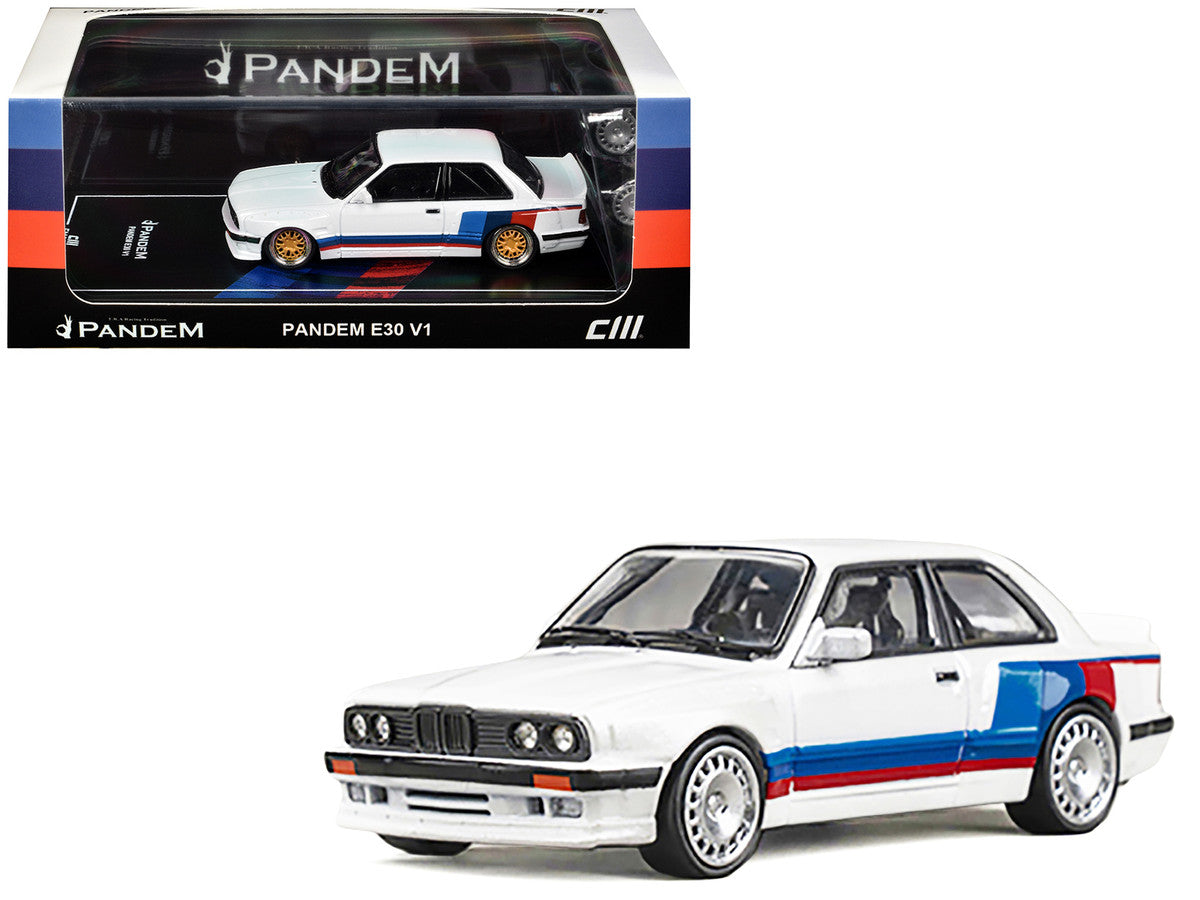 Pandem E30 V1 White with Stripes and Extra Wheels 1/64 Diecast Model Car by CM Models CM Models