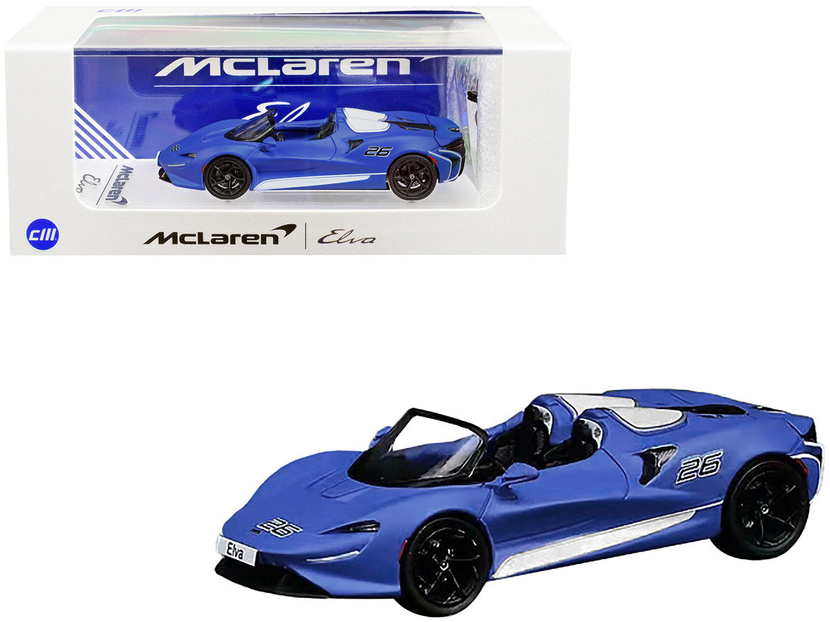 McLaren Elva Convertible #26 Matt Blue with White Stripes and Extra Wheels 1/64 Diecast Model Car by CM Model CM Models