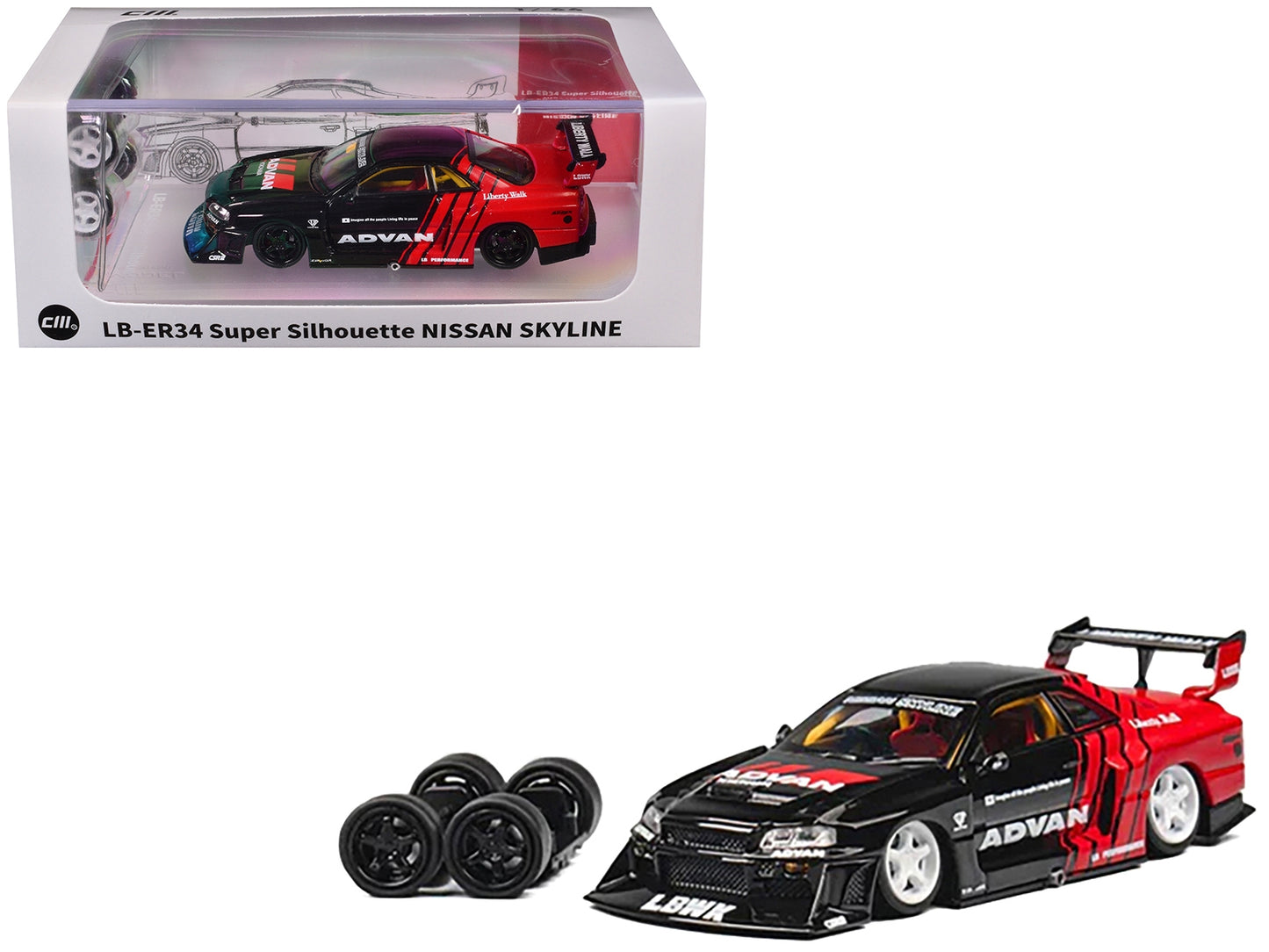 Nissan Skyline LB-ER34 "Super Silhouette" RHD (Right Hand Drive) "ADVAN" Black and Red with Extra Wheels 1/64 Diecast Model Car by CM Model