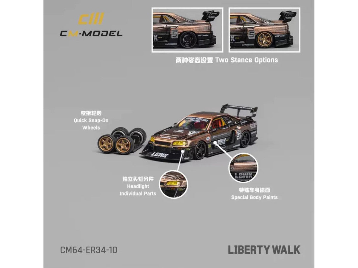 Nissan Skyline LB-ER34 "Super Silhouette" RHD (Right Hand Drive) #5 Brushed Bronze and Black with Extra Wheels 1/64 Diecast Model Car by CM Model CM Models