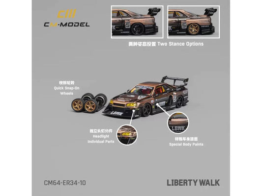 Nissan Skyline LB-ER34 "Super Silhouette" RHD (Right Hand Drive) #5 Brushed Bronze and Black with Extra Wheels 1/64 Diecast Model Car by CM Model CM Models