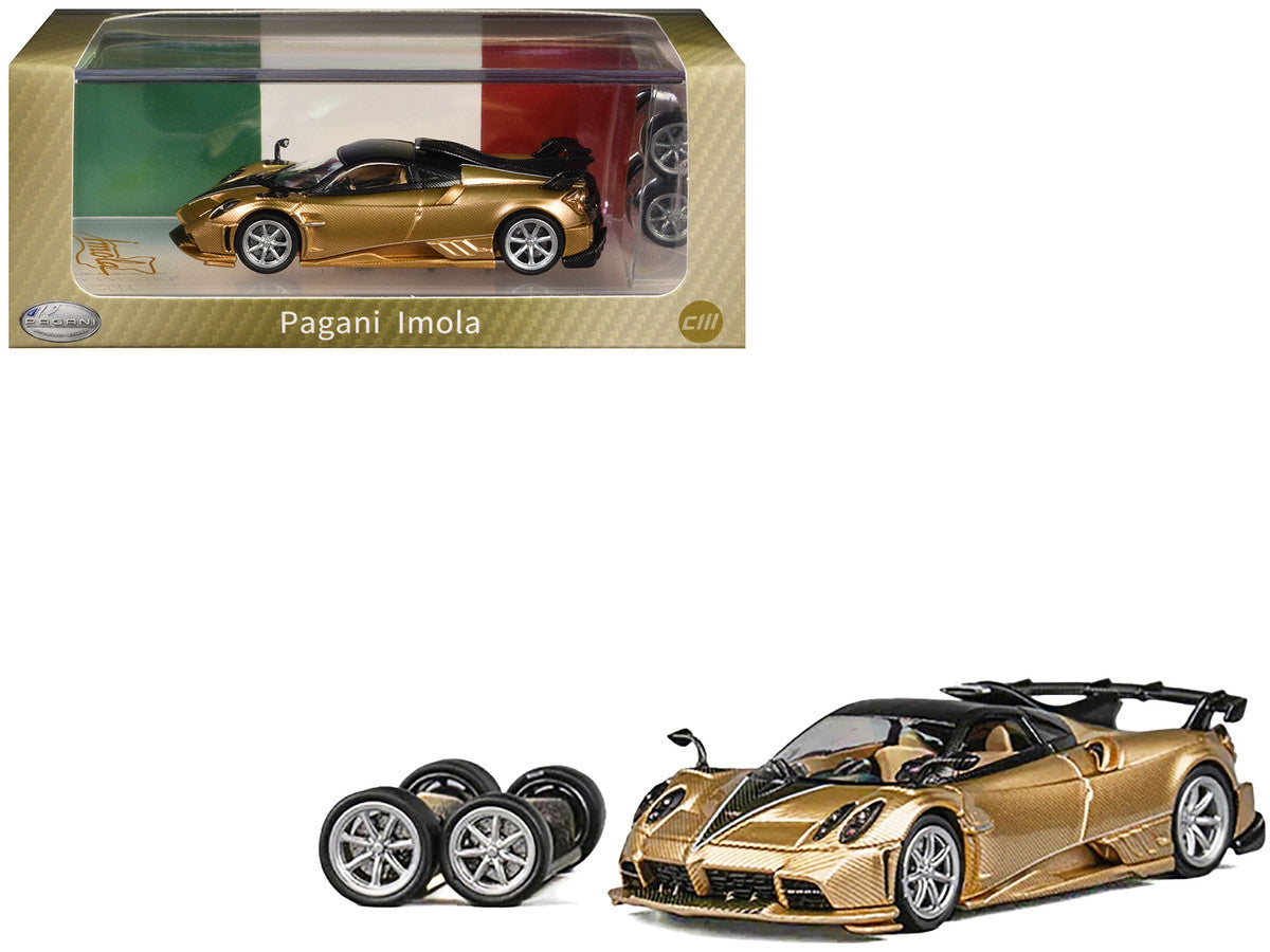 Pagani Imola Gold Carbon Metallic with Black Carbon Top with Extra Wheels 1/64 Diecast Model Car by CM Model CM Models