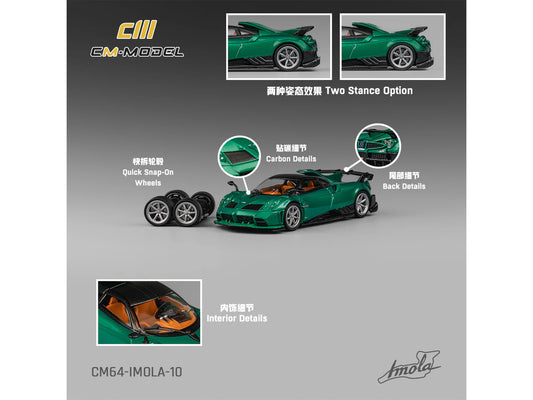 Pagani Imola Emerald Green Metallic with Carbon Top and Extra Wheels 1/64 Diecast Model Car by CM Model-1
