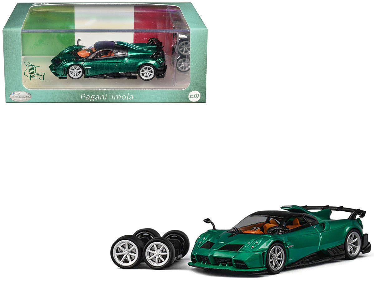 Pagani Imola Emerald Green Metallic with Carbon Top and Extra Wheels 1/64 Diecast Model Car by CM Model-4