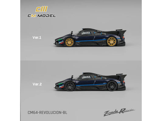 Pagani Zonda Revolucion Dark Blue Metallic and Carbon with Extra Wheels 1/64 Diecast Model Car by CM Model CM Models