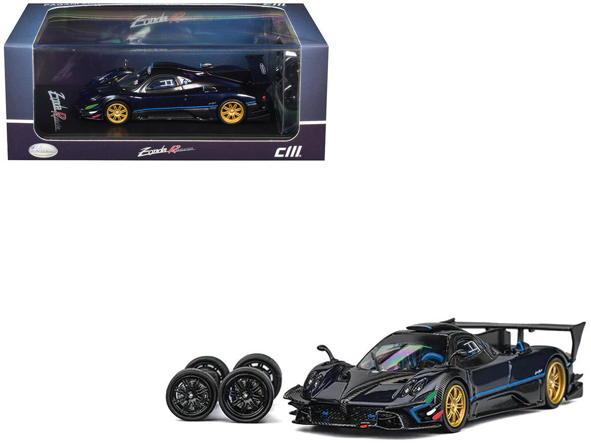 Pagani Zonda Revolucion Dark Blue Metallic and Carbon with Extra Wheels 1/64 Diecast Model Car by CM Model CM Models