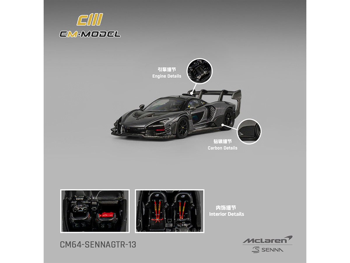 McLaren Senna GTR Dark Gray Metallic with Carbon Hood and Black Top 1/64 Diecast Model Car by CM Model-0