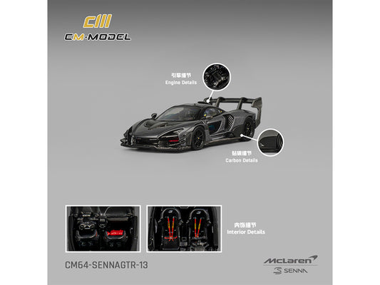 McLaren Senna GTR Dark Gray Metallic with Carbon Hood and Black Top 1/64 Diecast Model Car by CM Model-0